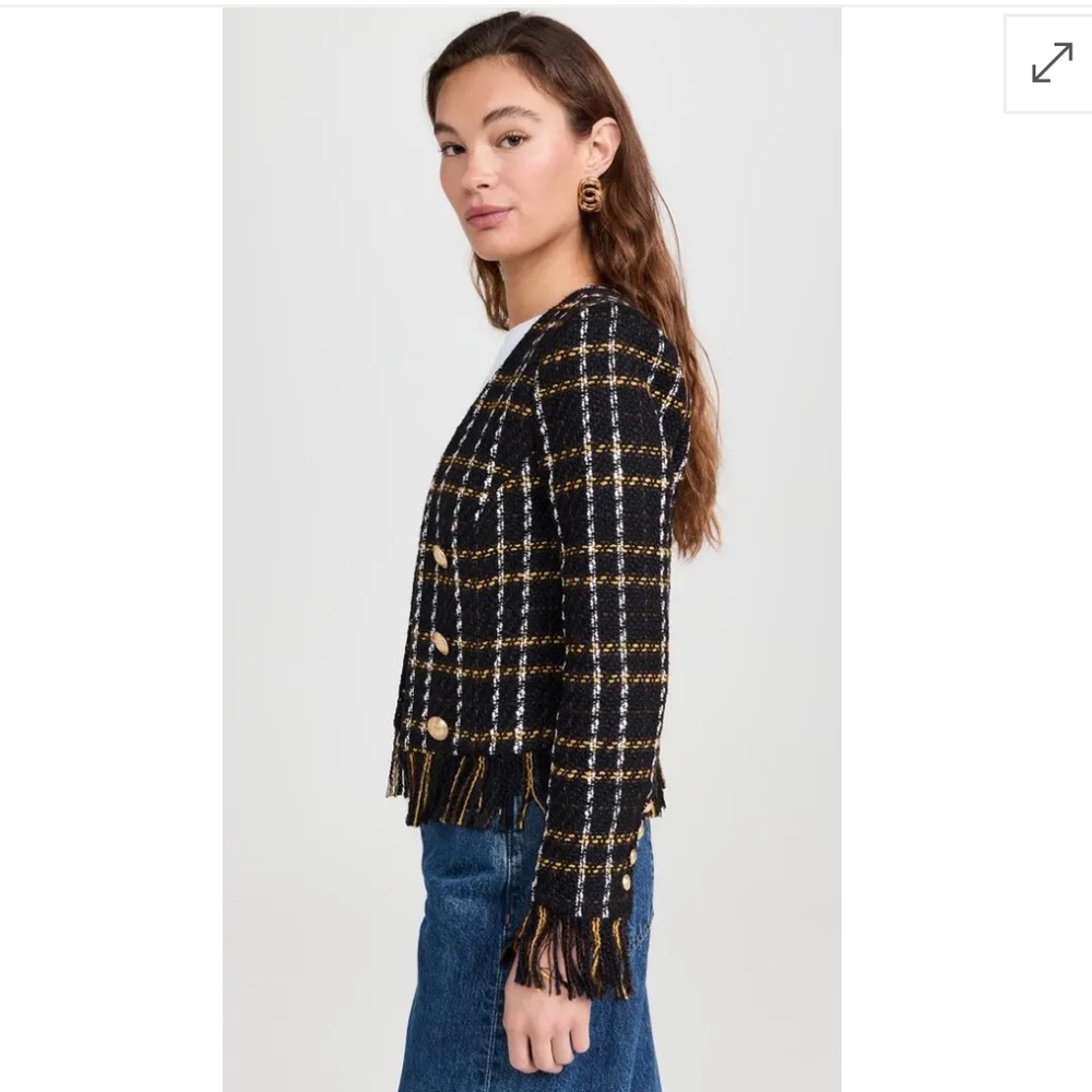 L’AGENCE Belmont Fringe Tweed Jacket Black Yellow Plaid Gold Buttons NWT Size 8 - Picture 16 of 16